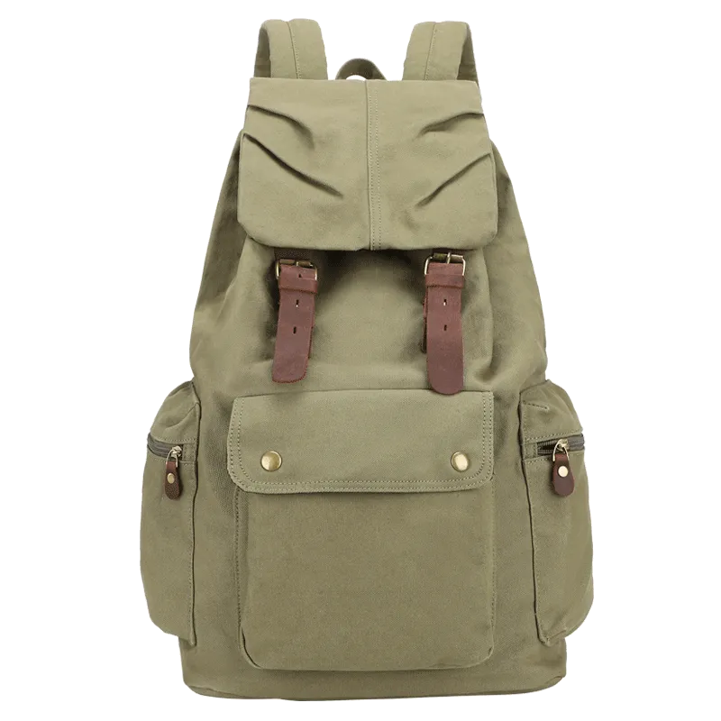 Canvas Leather Women Mens 14" Khaki Travel Backpack Green Computer Bag College Backpack for Men