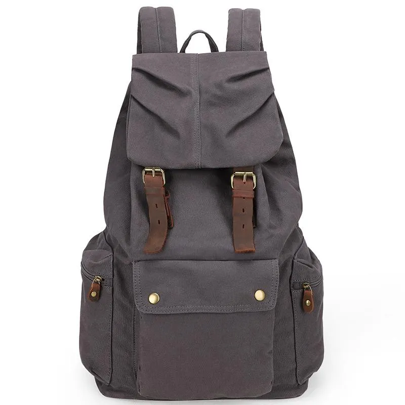 Canvas Leather Women Mens 14" Khaki Travel Backpack Green Computer Bag College Backpack for Men