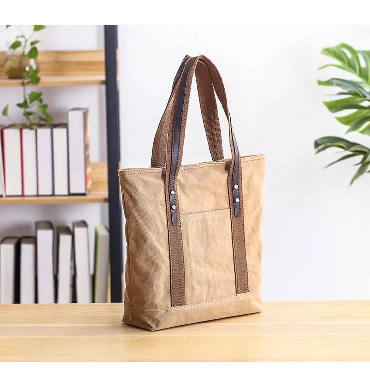 Casual Canvas Mens Womens Large 14‘’ Khaki Handbag Tote Bag Brown Shoulder Bag Tote Purse For Men