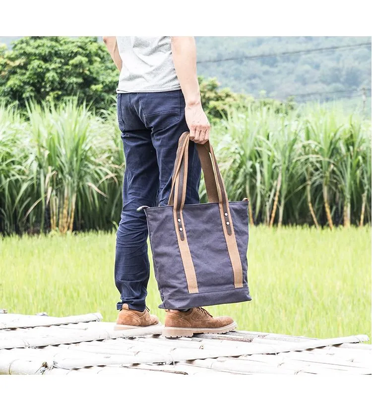 Casual Canvas Mens Womens Large 14‘’ Khaki Handbag Tote Bag Brown Shoulder Bag Tote Purse For Men