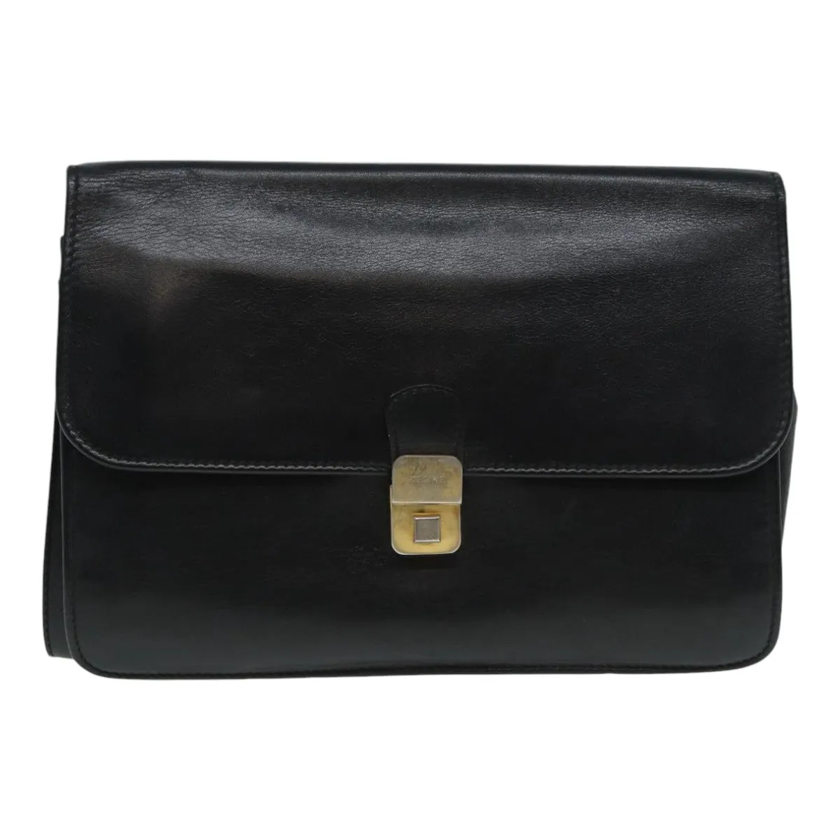 CELINE Clutch Bag Leather Black Gold Auth bs17759