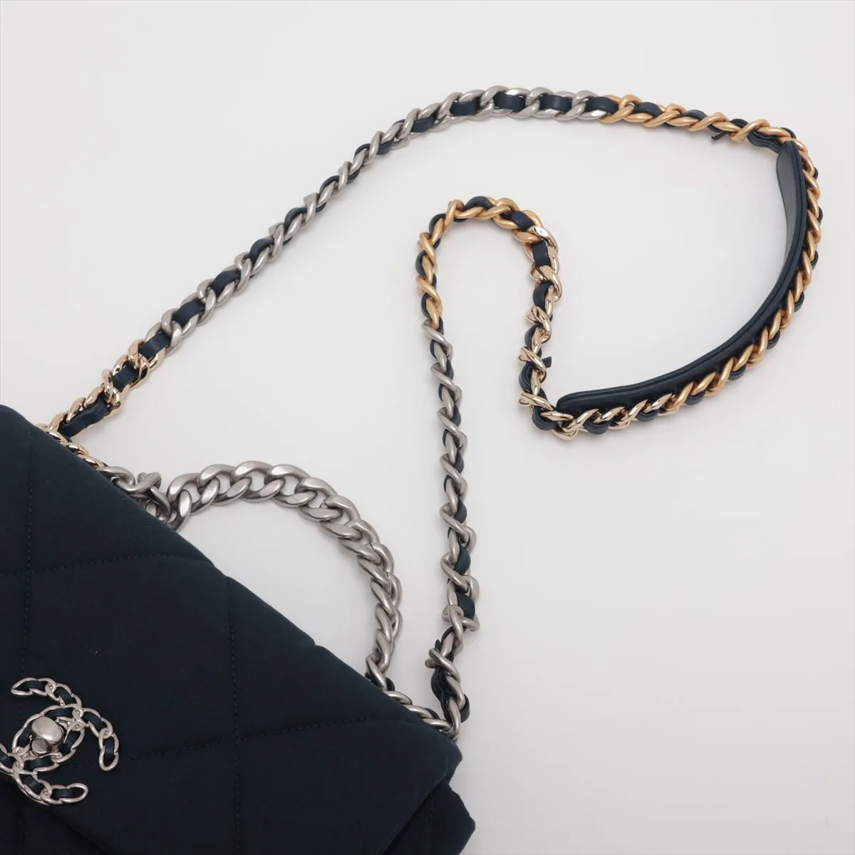 Chanel 19 Cotton 2WAY Shoulder Bag Navy G x Silver Gold AS1160 Navy