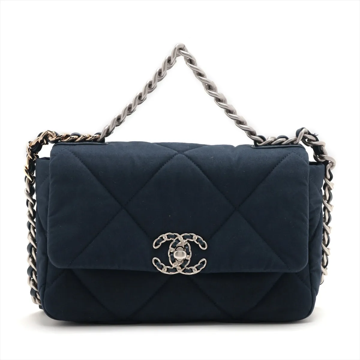 Chanel 19 Cotton 2WAY Shoulder Bag Navy G x Silver Gold AS1160 Navy