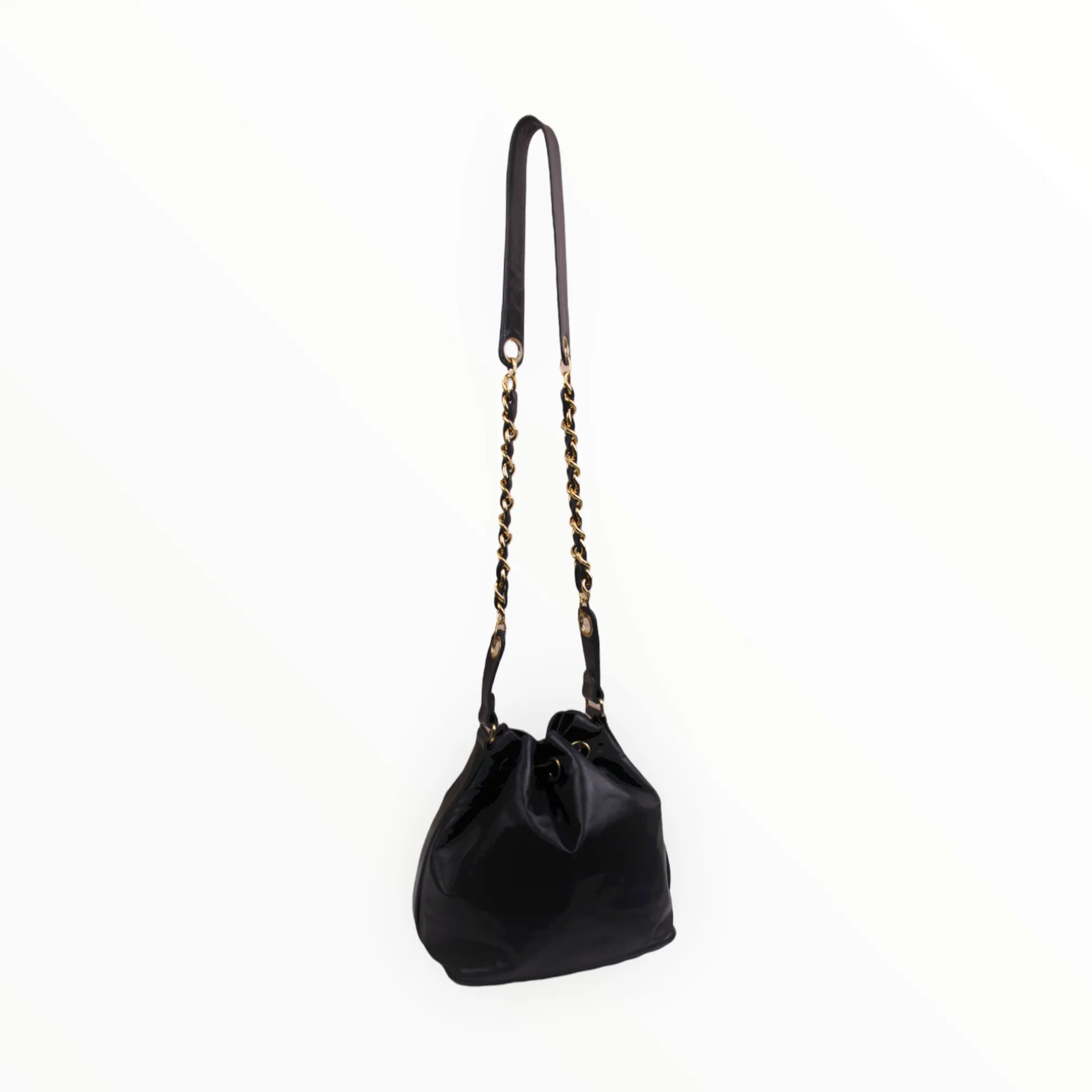 Chanel black bucket bag with logo on the front and gold detail - 1980s