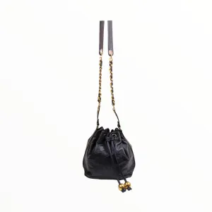 Chanel black bucket bag with logo on the front and gold detail - 1980s