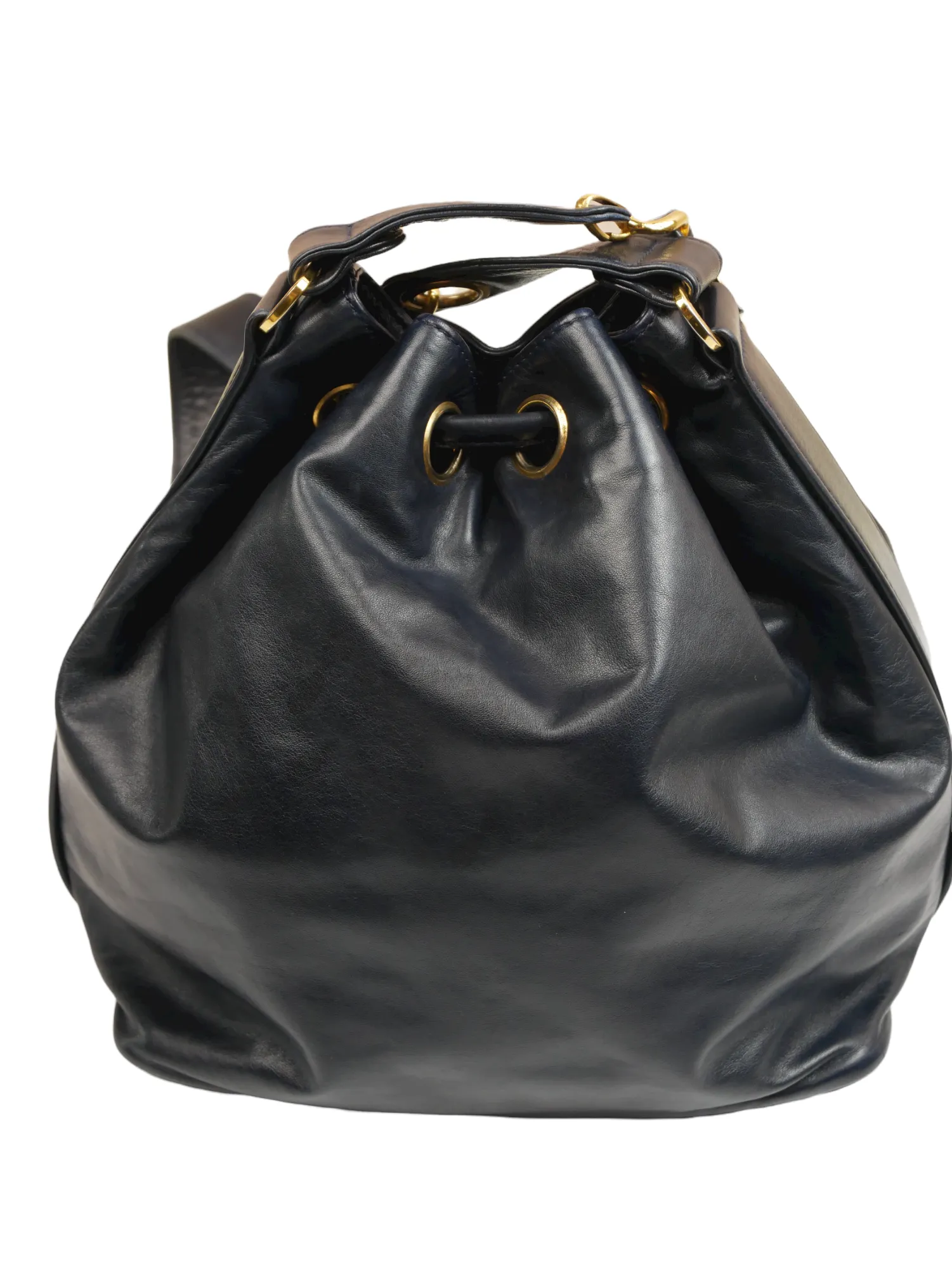 Chanel black bucket bag with logo on the front and gold detail - 1980s