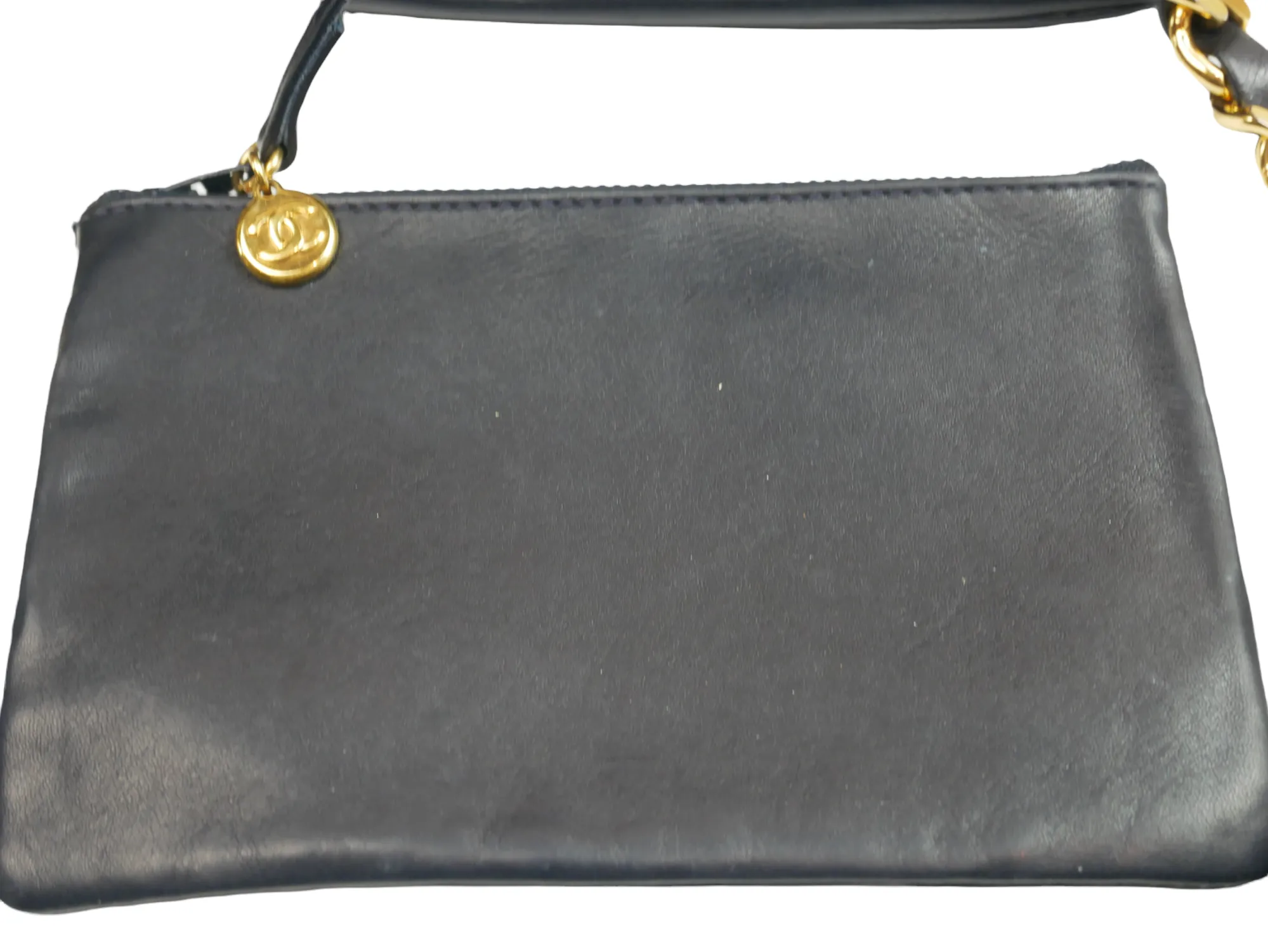 Chanel black bucket bag with logo on the front and gold detail - 1980s