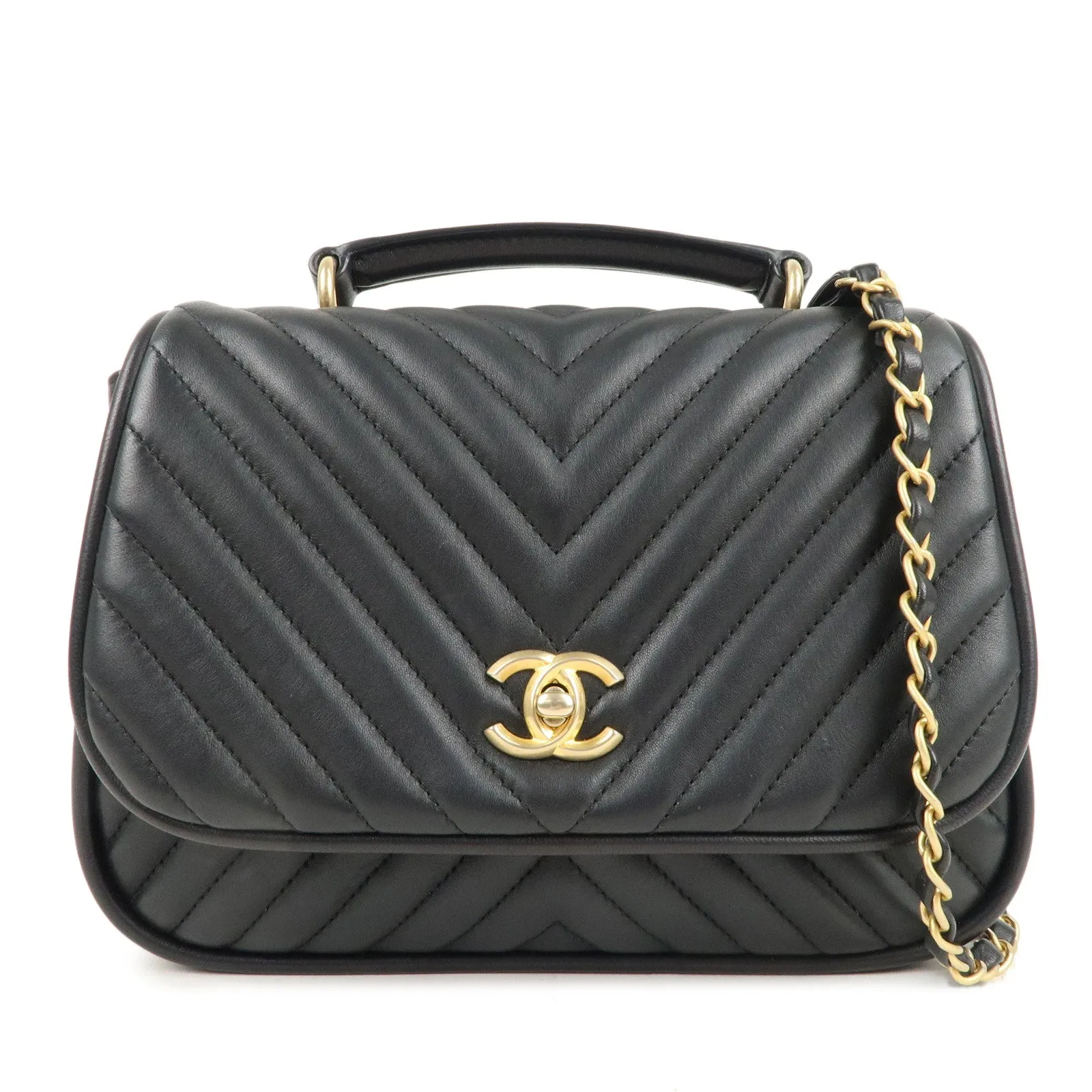 CHANEL Chevron Lamb Skin 2WAY Chain Shoulder Bag Black A98792