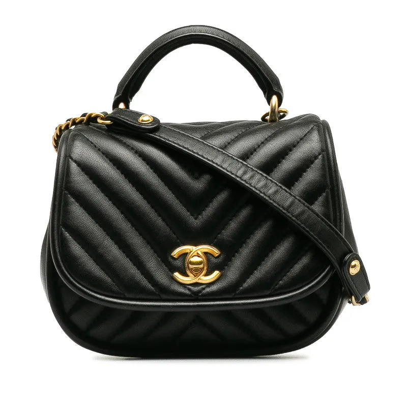 Chanel Coco V Stitch Top Handle  Chain Shoulder Bag Black Leather  CHANEL Middle] Vintage