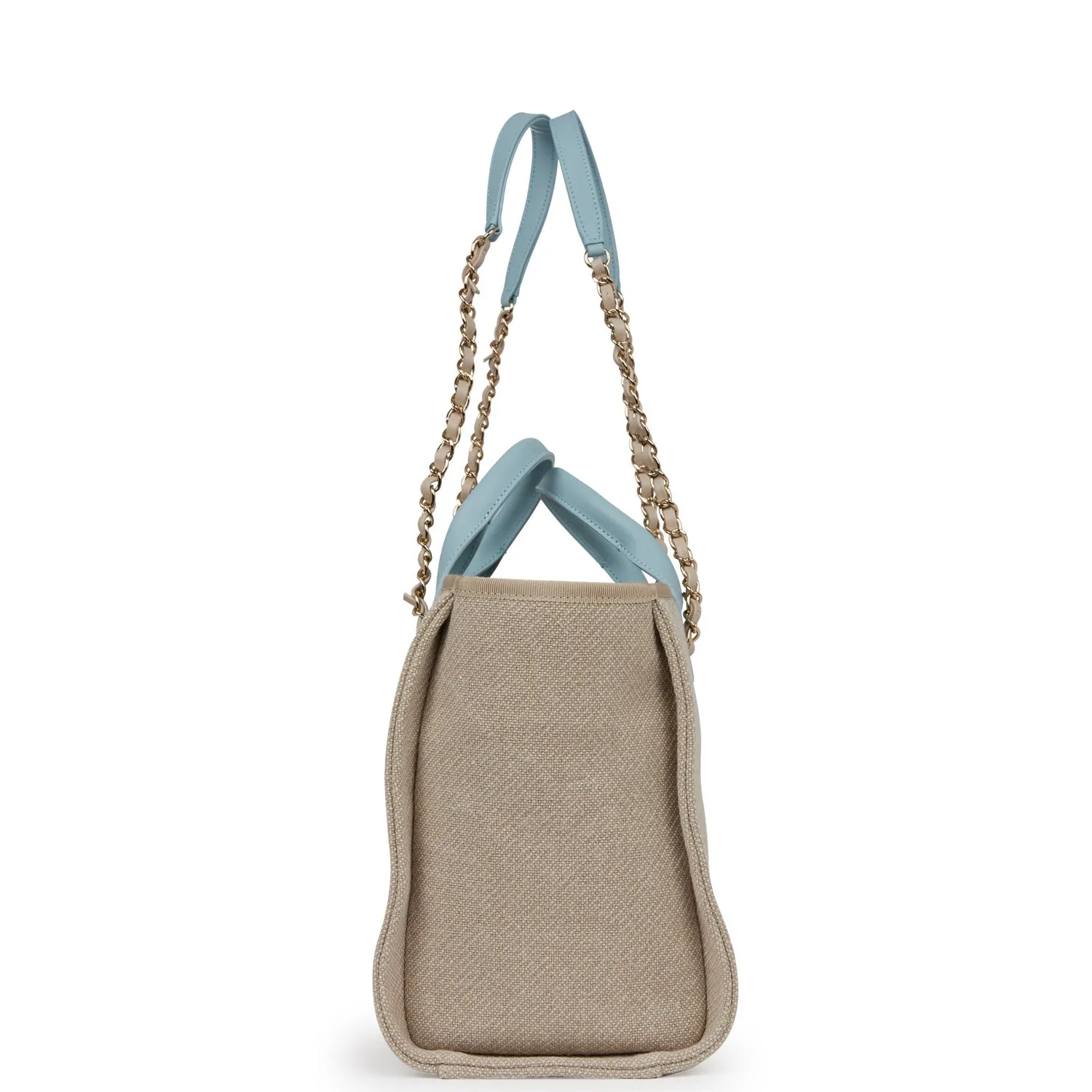 Chanel Small Deauville Shopping Bag Blue and Beige Boucle Light Gold Hardware