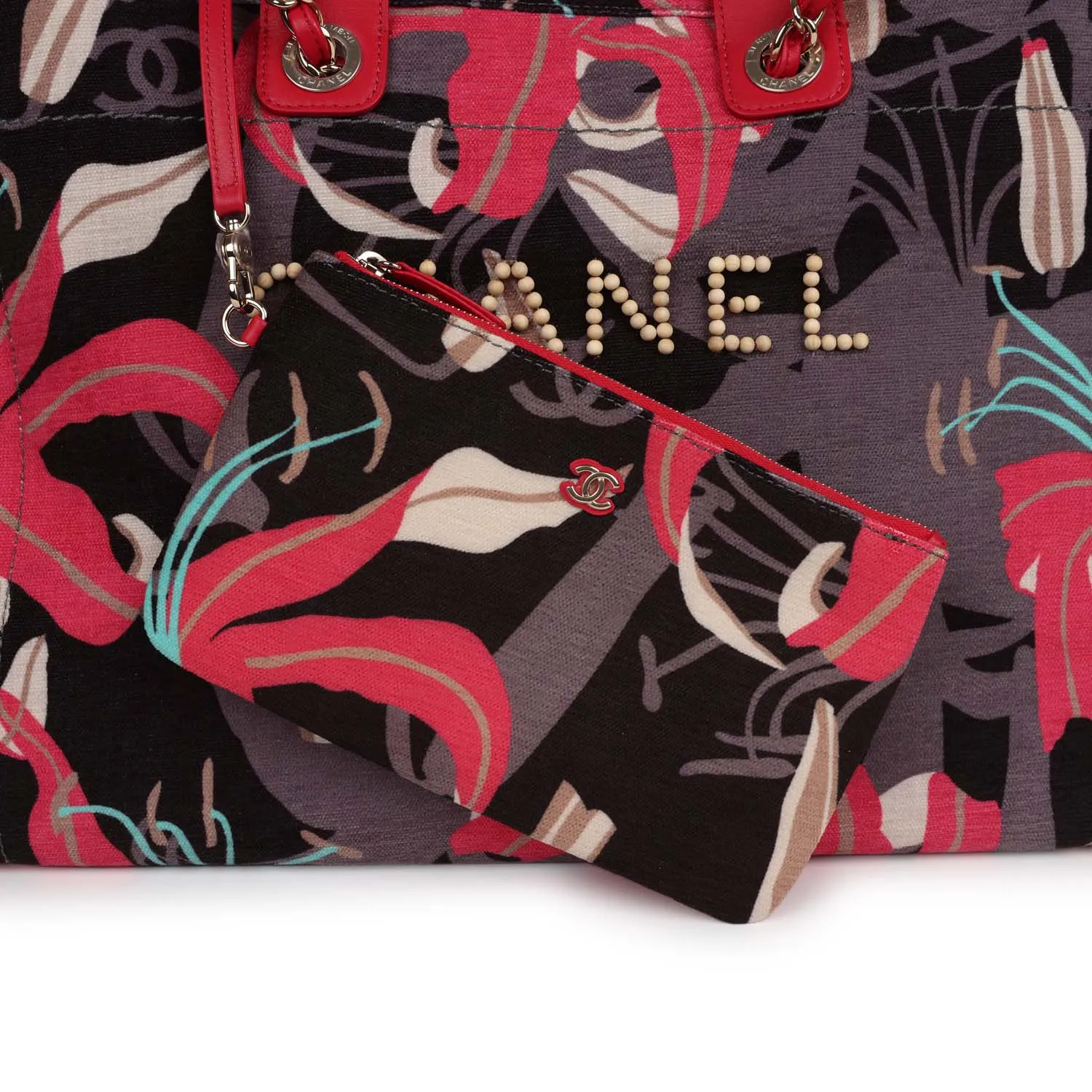 Chanel Small Deauville Shopping Bag Grey and Pink Tropical Floral Velvet Light Gold Hardware
