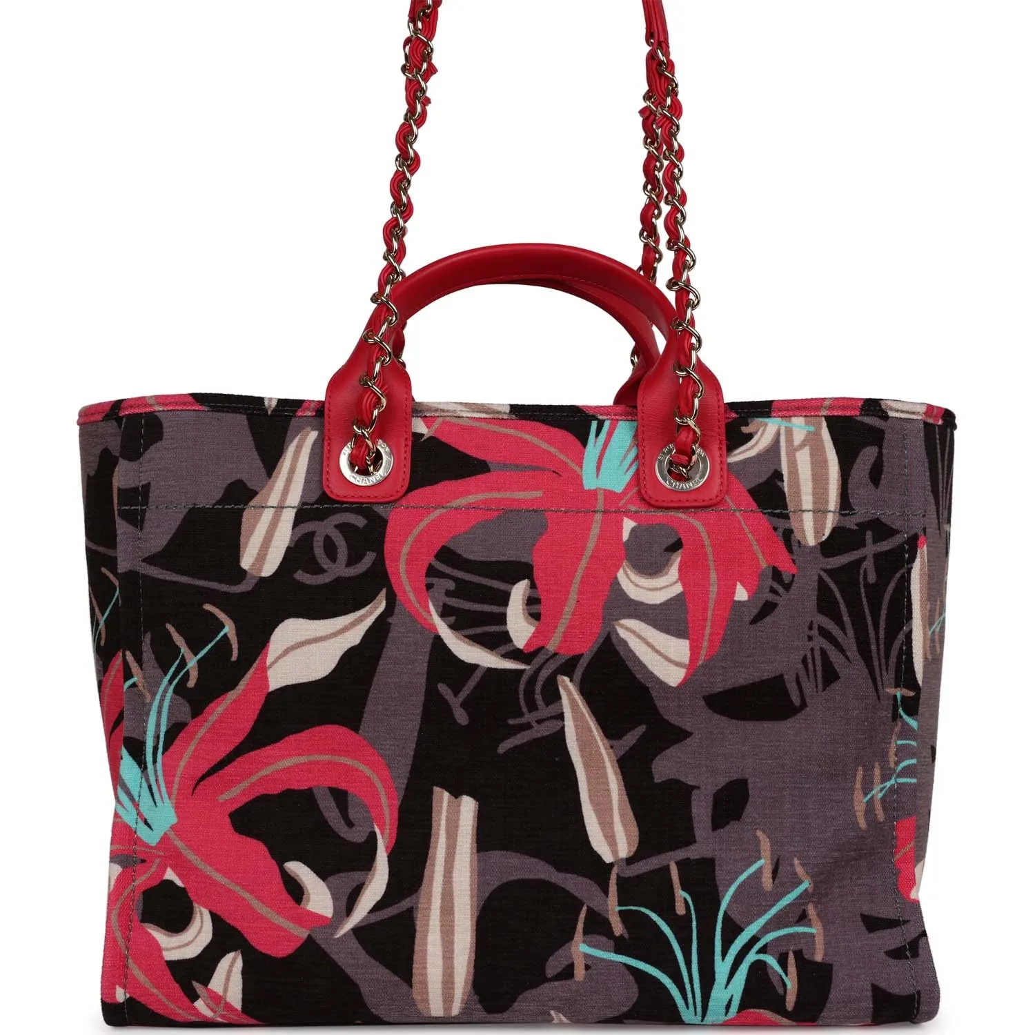 Chanel Small Deauville Shopping Bag Grey and Pink Tropical Floral Velvet Light Gold Hardware