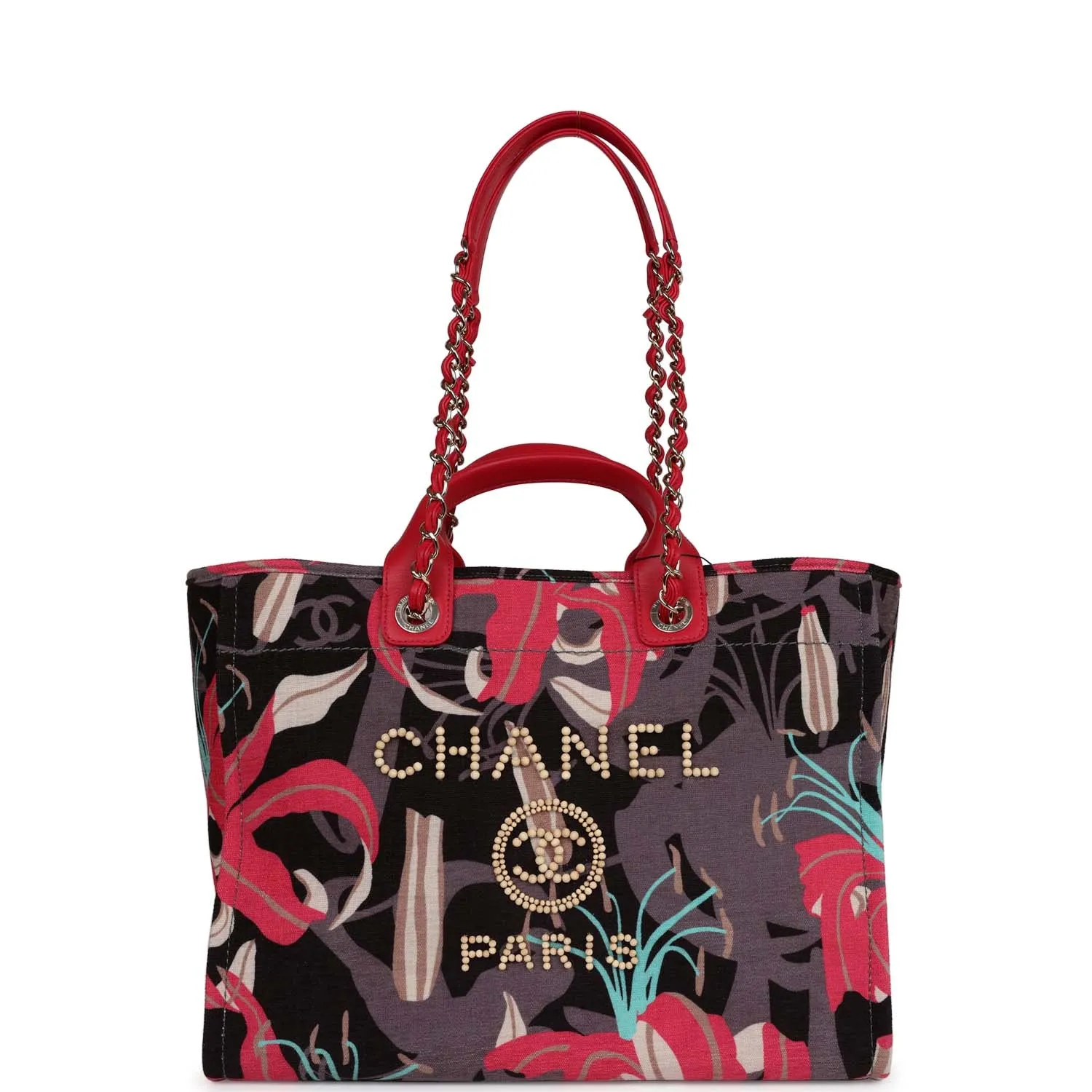 Chanel Small Deauville Shopping Bag Grey and Pink Tropical Floral Velvet Light Gold Hardware