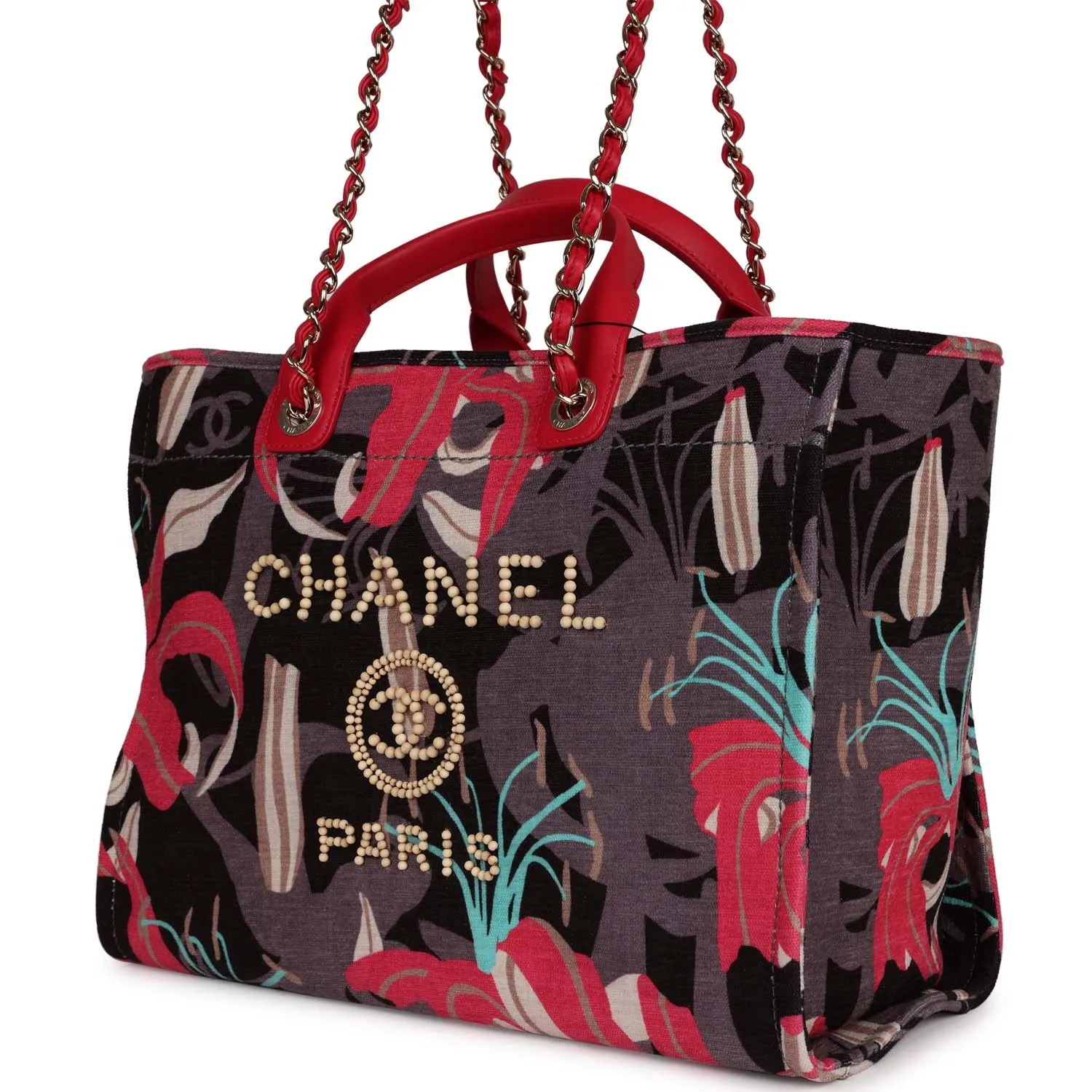 Chanel Small Deauville Shopping Bag Grey and Pink Tropical Floral Velvet Light Gold Hardware