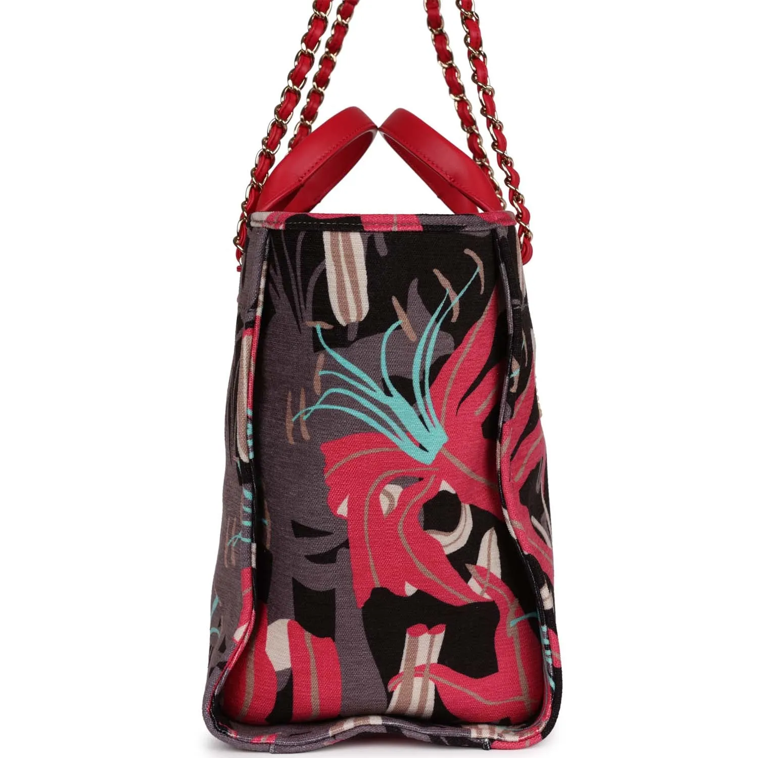 Chanel Small Deauville Shopping Bag Grey and Pink Tropical Floral Velvet Light Gold Hardware