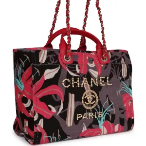 Chanel Small Deauville Shopping Bag Grey and Pink Tropical Floral Velvet Light Gold Hardware