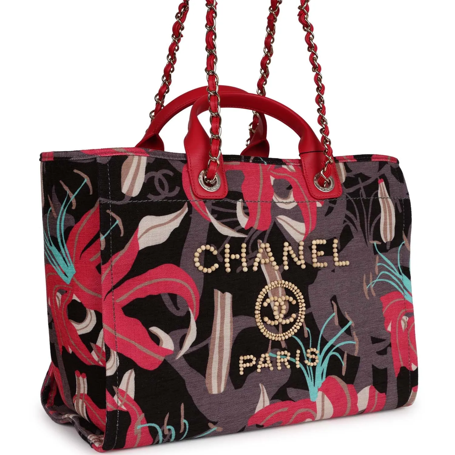 Chanel Small Deauville Shopping Bag Grey and Pink Tropical Floral Velvet Light Gold Hardware