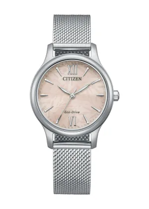 CITIZEN LADIES ECO DRIVE PINK DIAL STAINLESS STEEL MESH EM0899-81X
