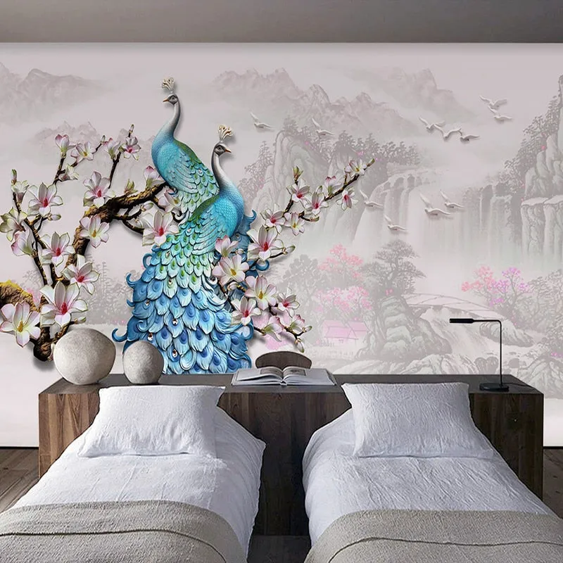 Custom Wallpaper Mural European Style Blue Peacock (㎡)