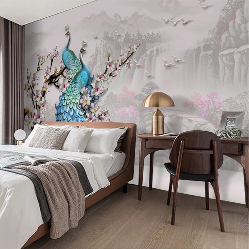 Custom Wallpaper Mural European Style Blue Peacock (㎡)