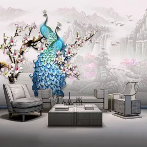 Custom Wallpaper Mural European Style Blue Peacock (㎡)