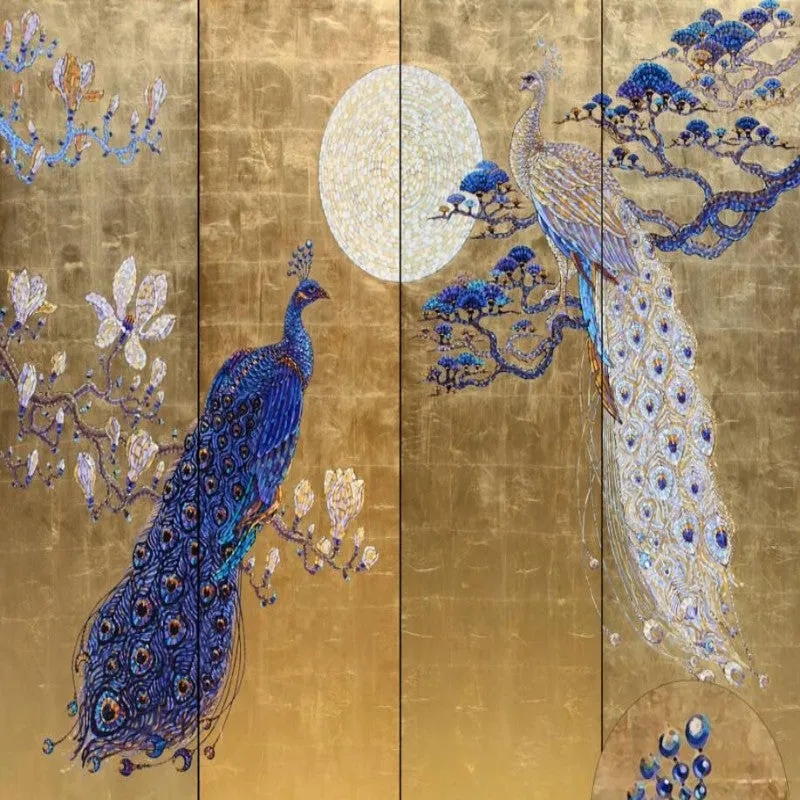 Custom Wallpaper Mural Retro Blue and White Peacocks (㎡)