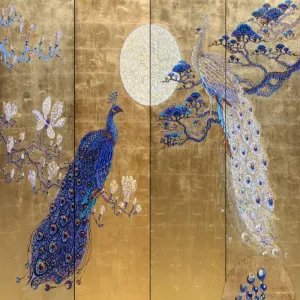 Custom Wallpaper Mural Retro Blue and White Peacocks (㎡)