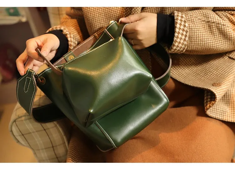 Cute Green LEATHER WOMEN Bucket SHOULDER BAG Barrel Crossbody Purses FOR WOMEN