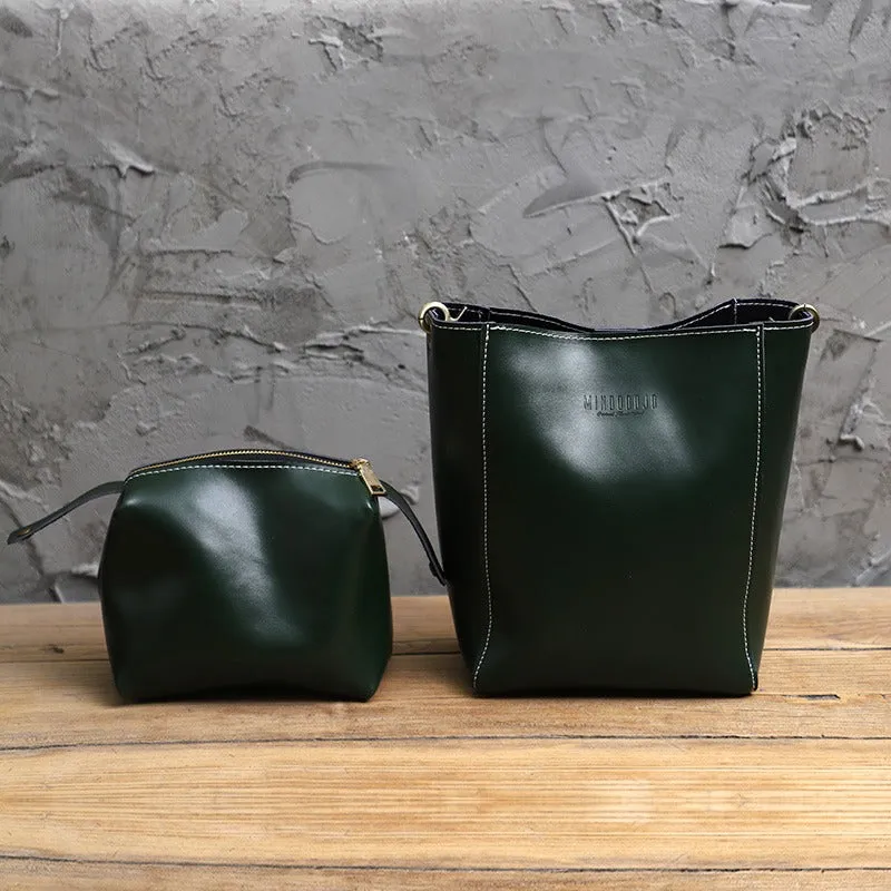 Cute Green LEATHER WOMEN Bucket SHOULDER BAG Barrel Crossbody Purses FOR WOMEN