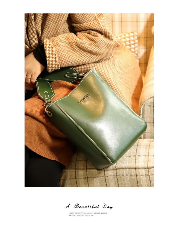 Cute Green LEATHER WOMEN Bucket SHOULDER BAG Barrel Crossbody Purses FOR WOMEN