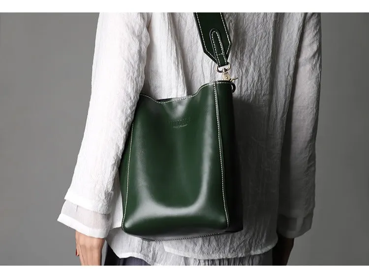 Cute Green LEATHER WOMEN Bucket SHOULDER BAG Barrel Crossbody Purses FOR WOMEN