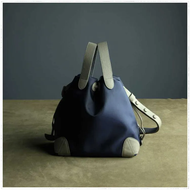Cute Womens Navy&Gray NYLON Bucket Handbag Purse Barrel NYLON Shoulder Bag Crossbody Purse for Ladies