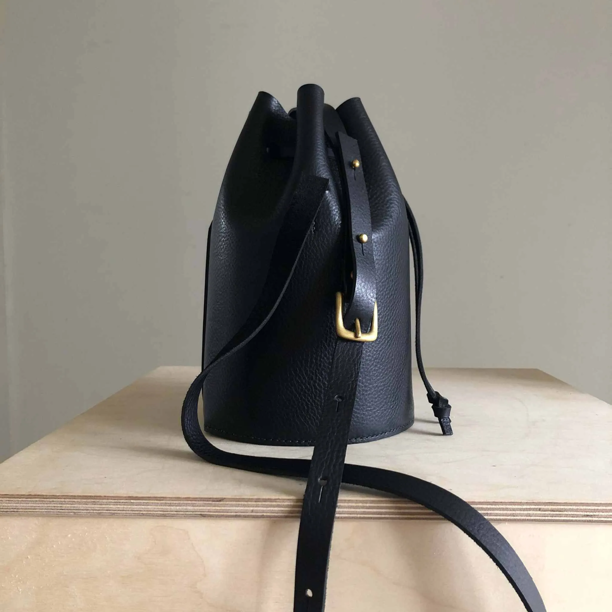 Cylinder Leather Bucket Bag in Black or Natural
