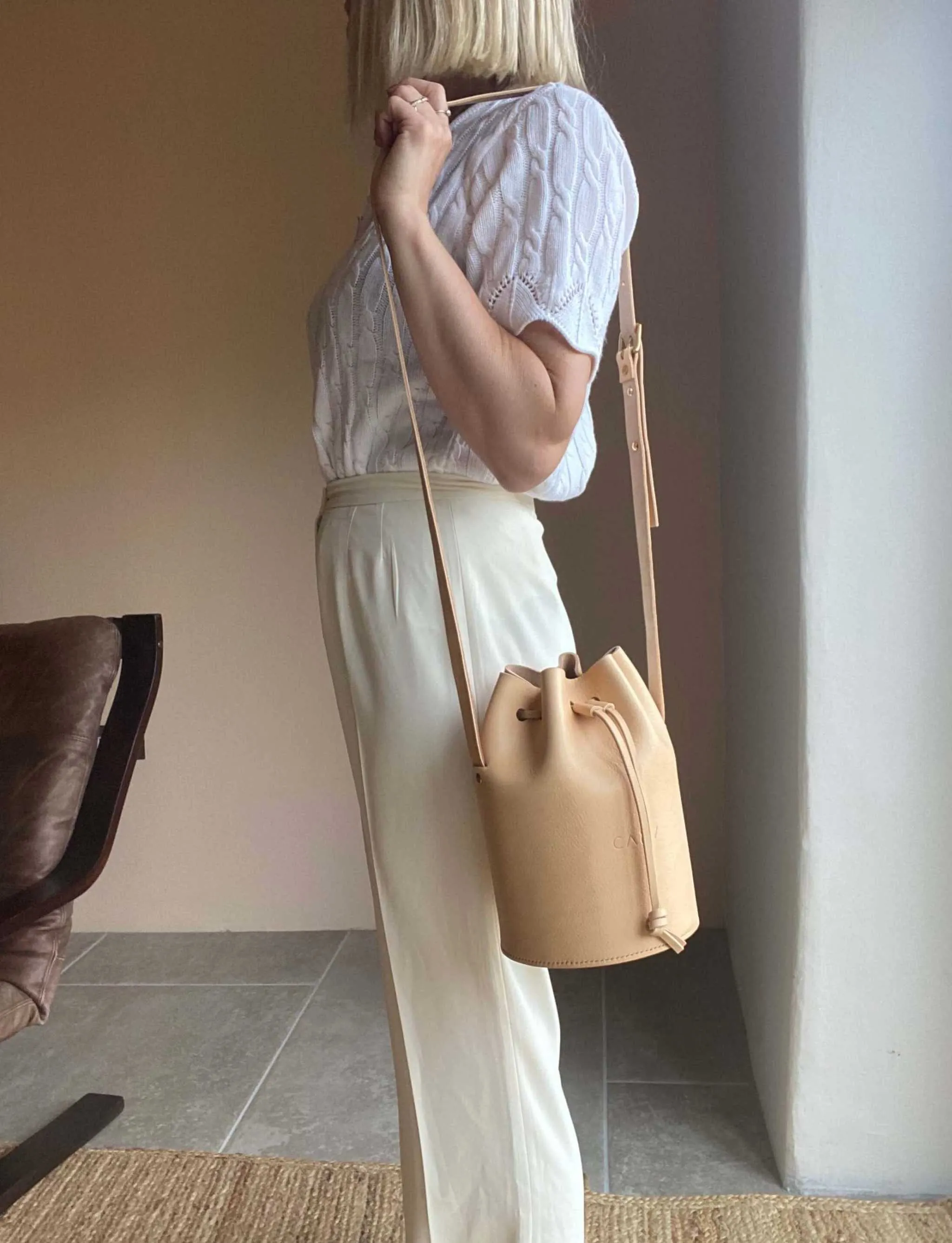 Cylinder Leather Bucket Bag in Black or Natural