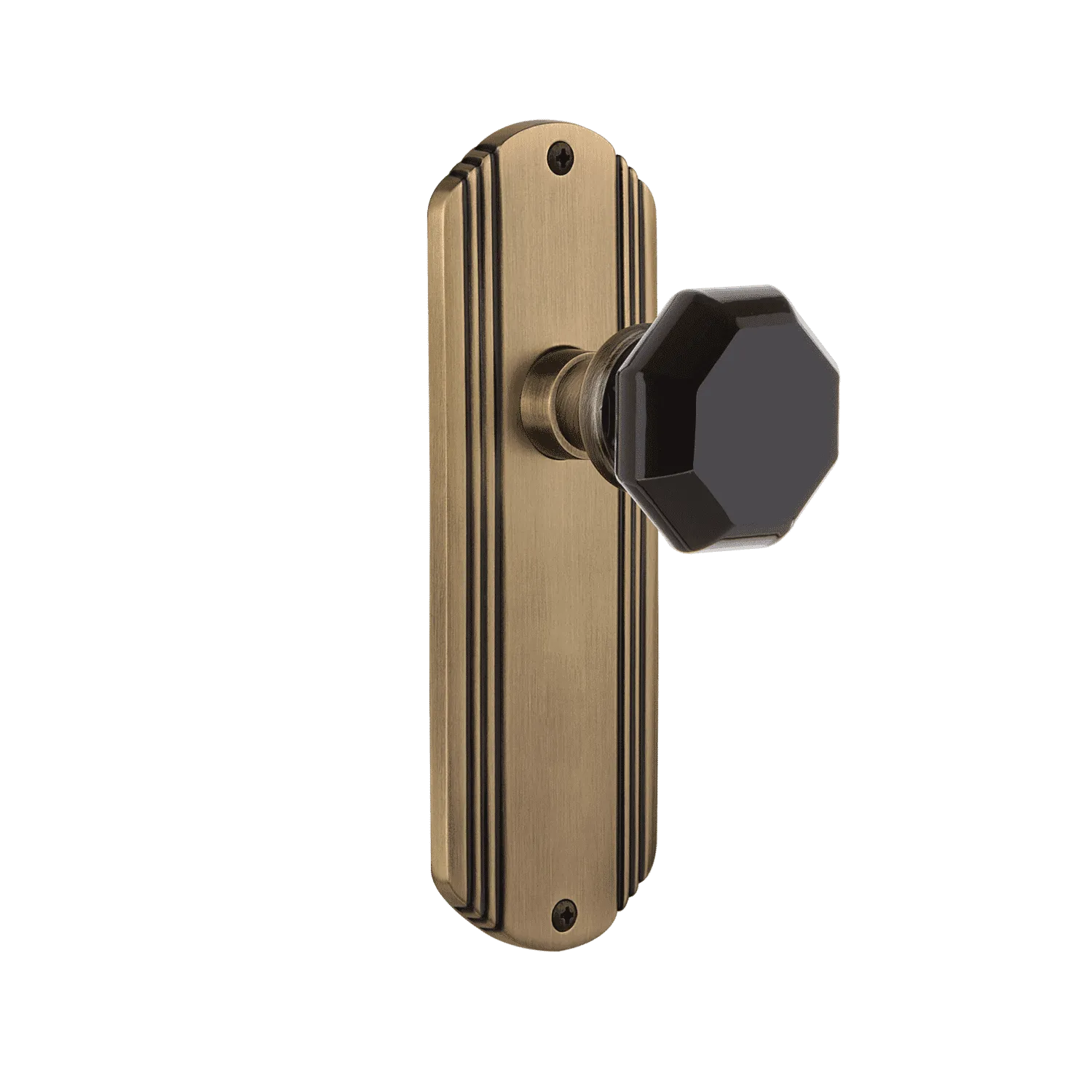 Deco Long Plate with Black Waldorf Knob in Antique Brass