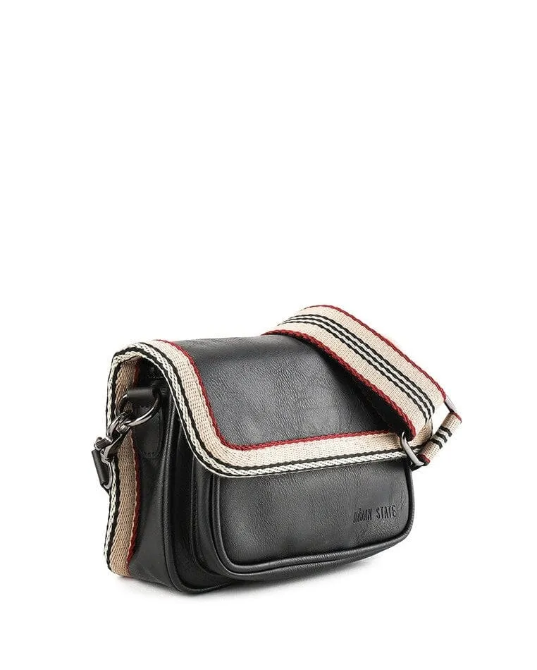 Distressed Leather Flap Trim Crossbody Bag - Black