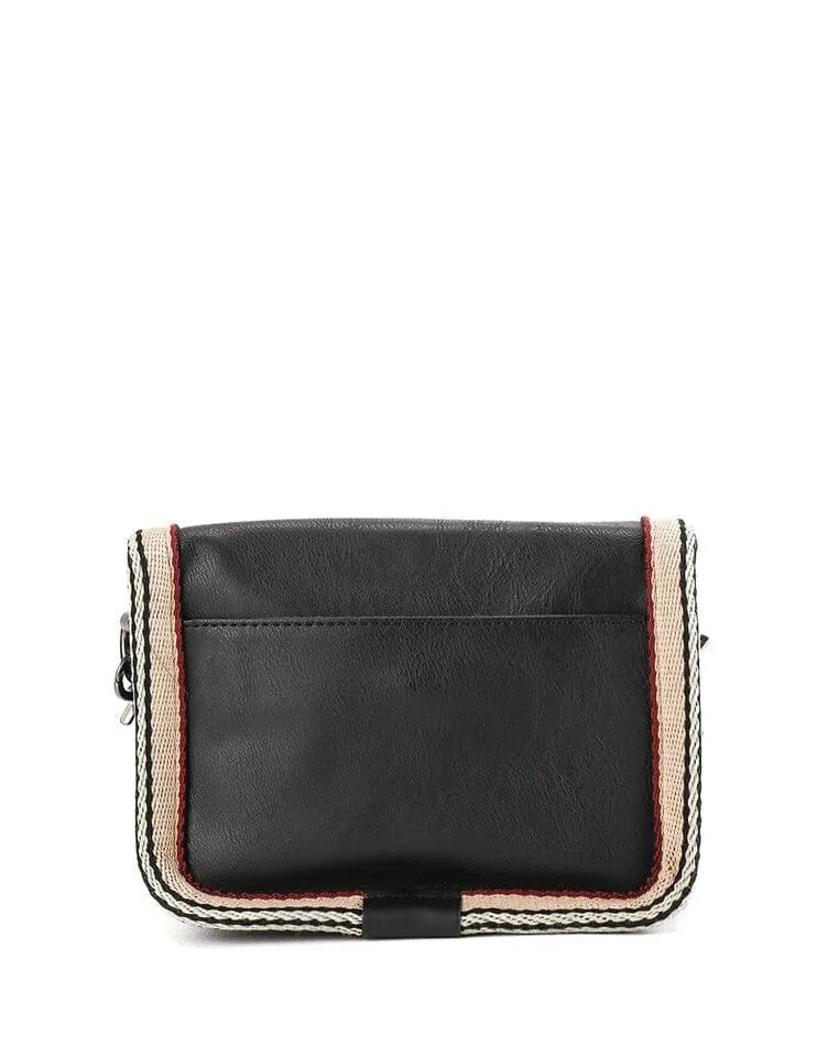 Distressed Leather Flap Trim Crossbody Bag - Black