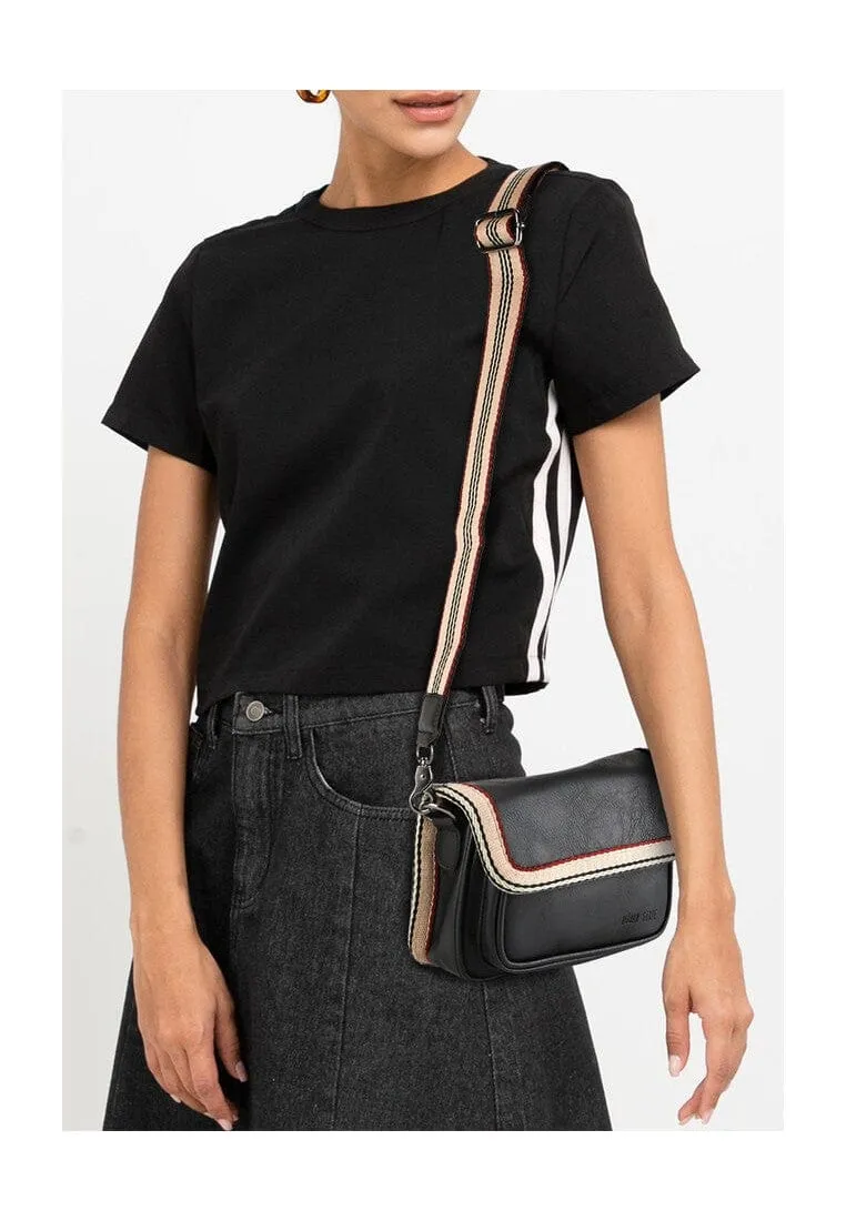 Distressed Leather Flap Trim Crossbody Bag - Black