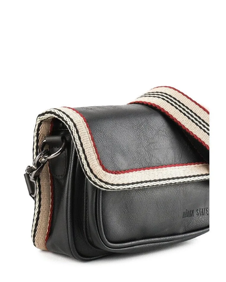 Distressed Leather Flap Trim Crossbody Bag - Black