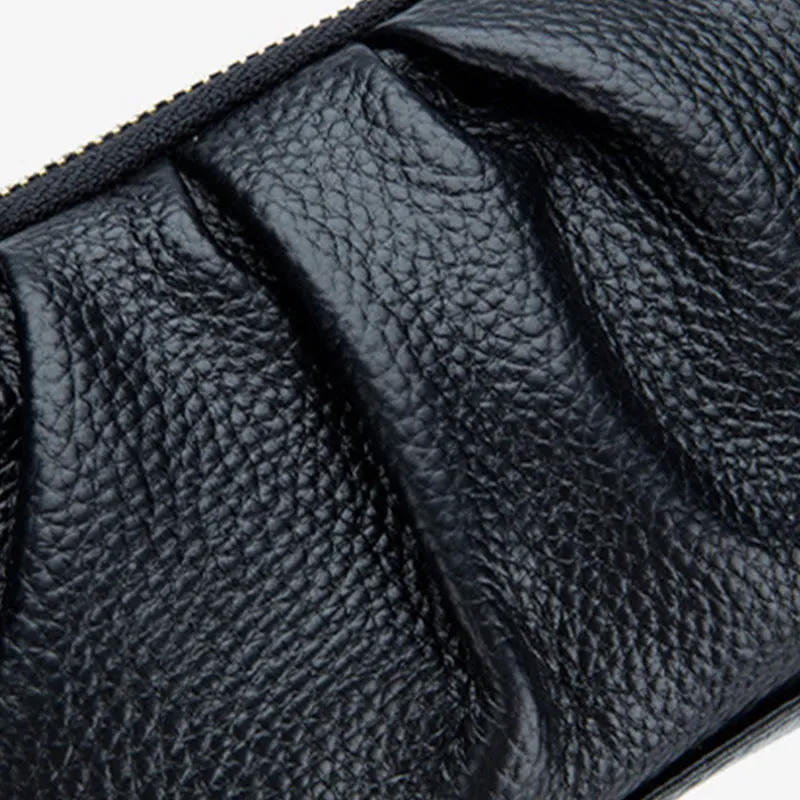Double Compartment Cowhide Leather Clutch Purse Wrist Bag for Women