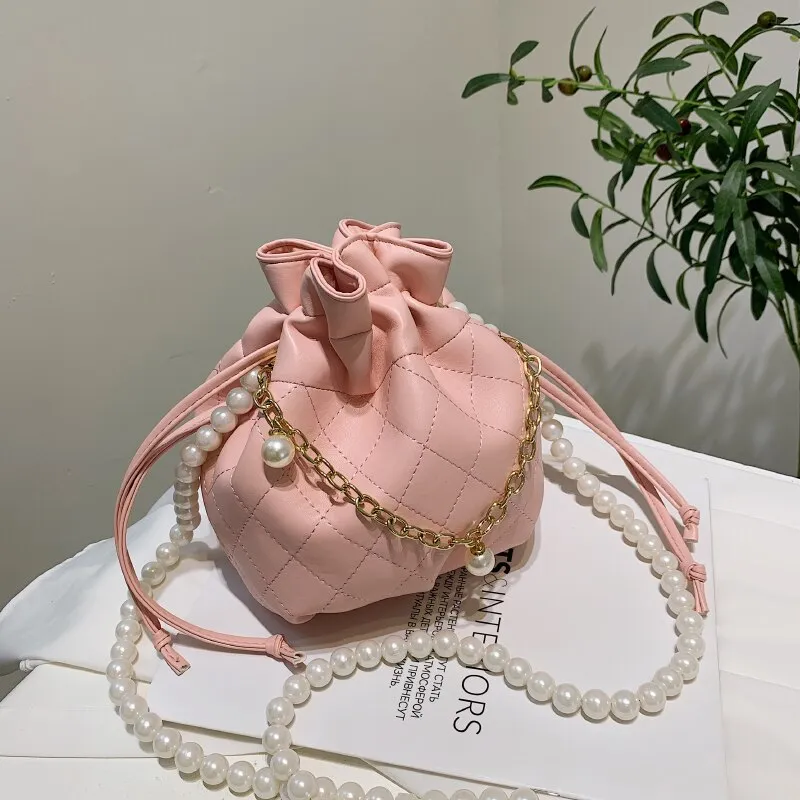 Drawstring bucket bag beaded handbag fashion shoulder bag lady messenger bag classic lady bag mobile phone bag