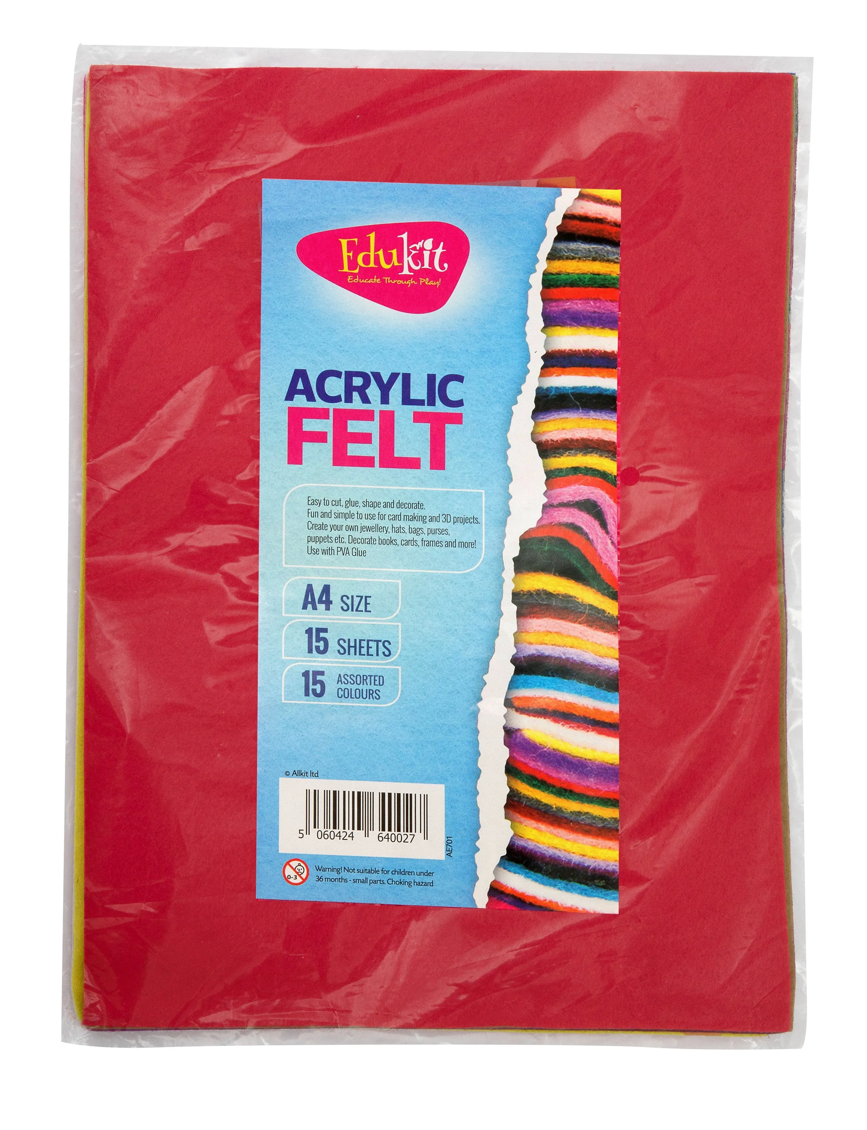 Edukit Acrylic Felt Pack of 15 A4 sheets - 15 assorted colours