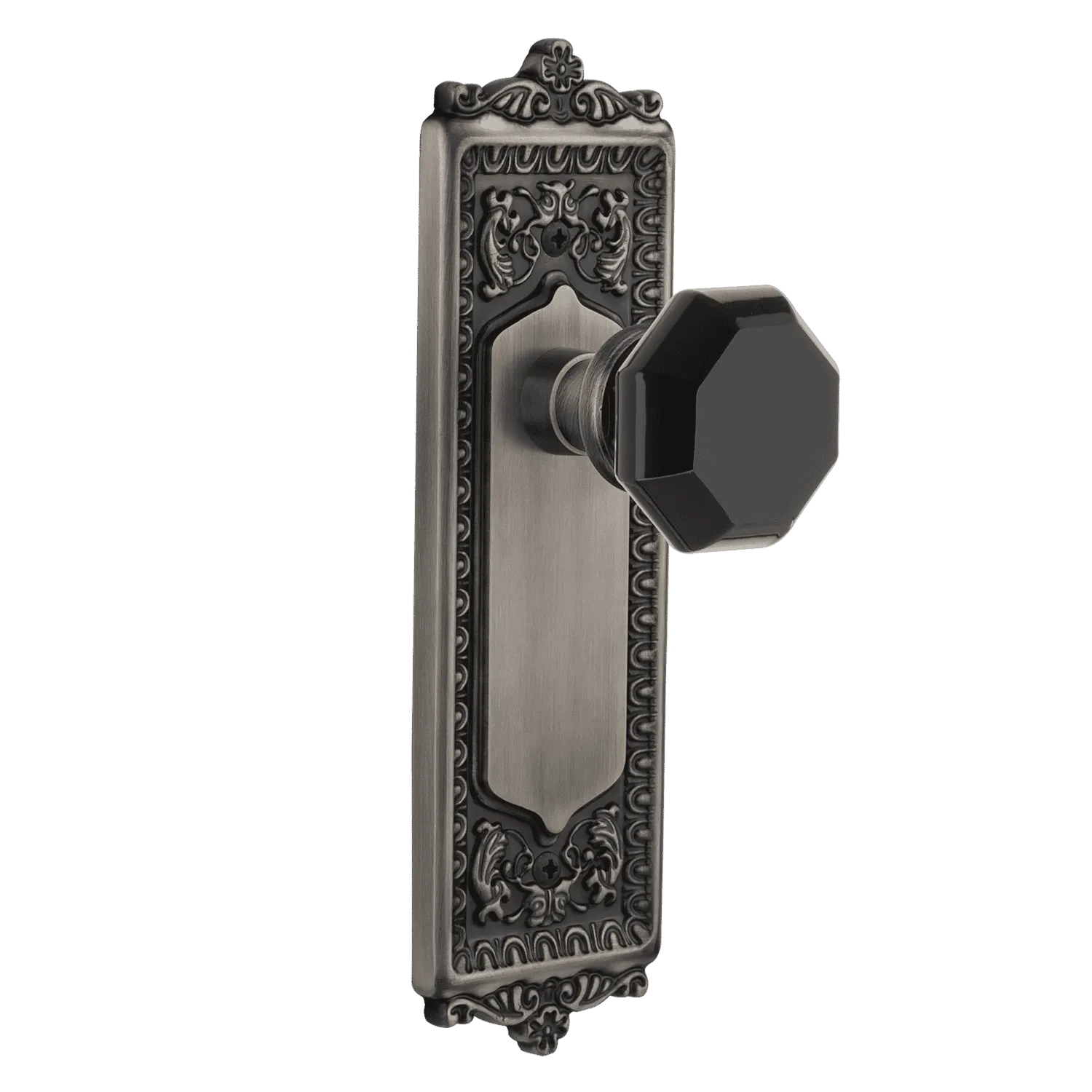 Egg & Dart Long Plate with Black Waldorf Knob in Antique Pewter