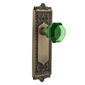 Egg & Dart Long Plate with Emerald Waldorf Knob in Antique Brass