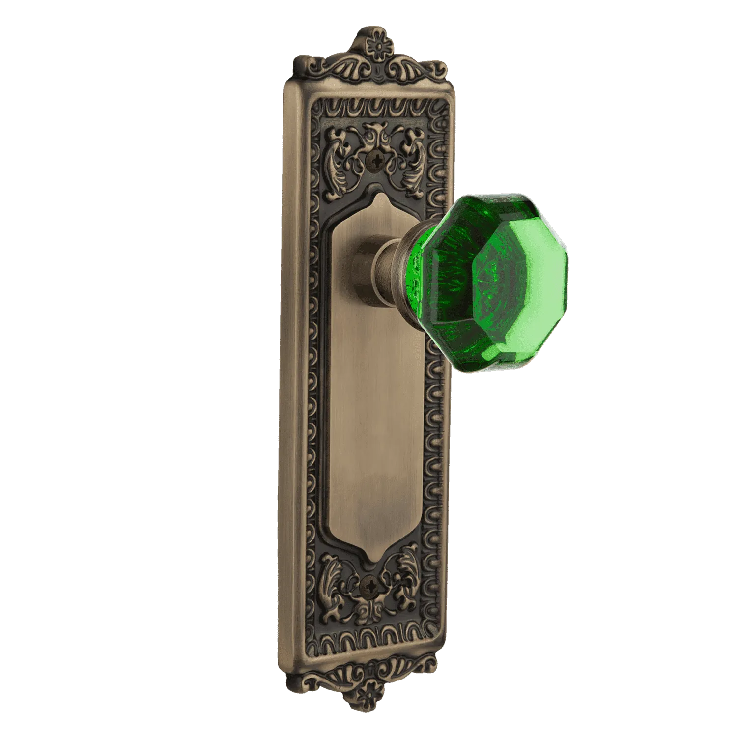 Egg & Dart Long Plate with Emerald Waldorf Knob in Antique Brass