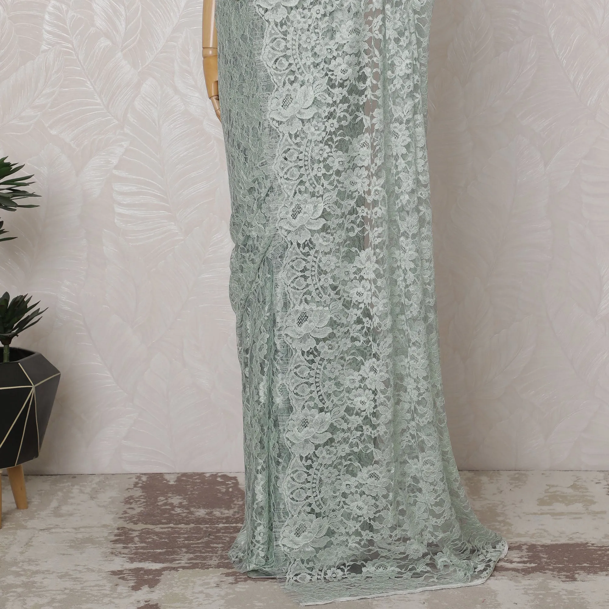Elegant Sea Green and Grey Chantilly Lace Fabric by the Yard - Premium French Two-Tone Design, 110 cm Width, 5.5 Meters-D20184