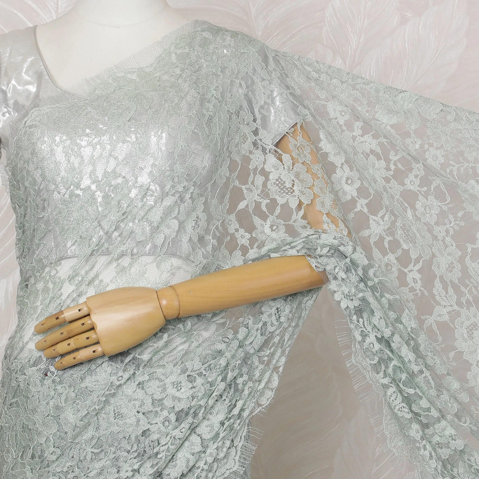 Elegant Sea Green and Grey Chantilly Lace Fabric by the Yard - Premium French Two-Tone Design, 110 cm Width, 5.5 Meters-D20184