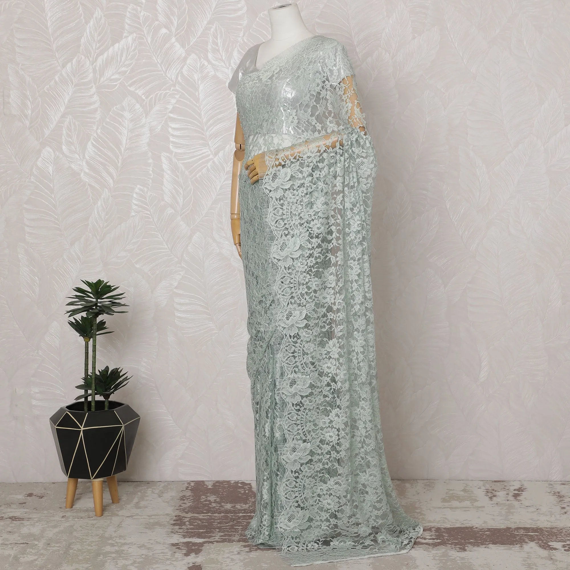 Elegant Sea Green and Grey Chantilly Lace Fabric by the Yard - Premium French Two-Tone Design, 110 cm Width, 5.5 Meters-D20184