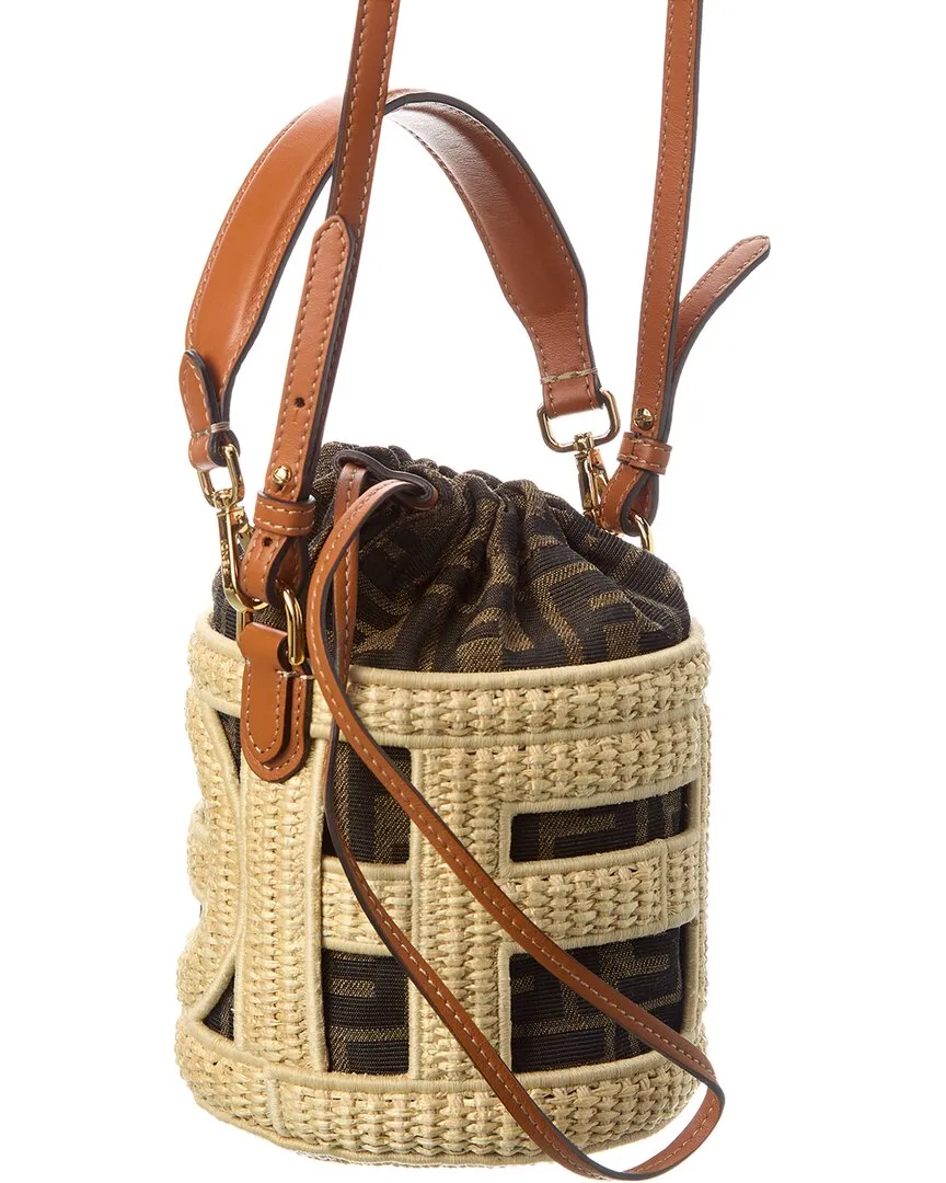 FENDI Mini Raffia & Leather Bucket Bag