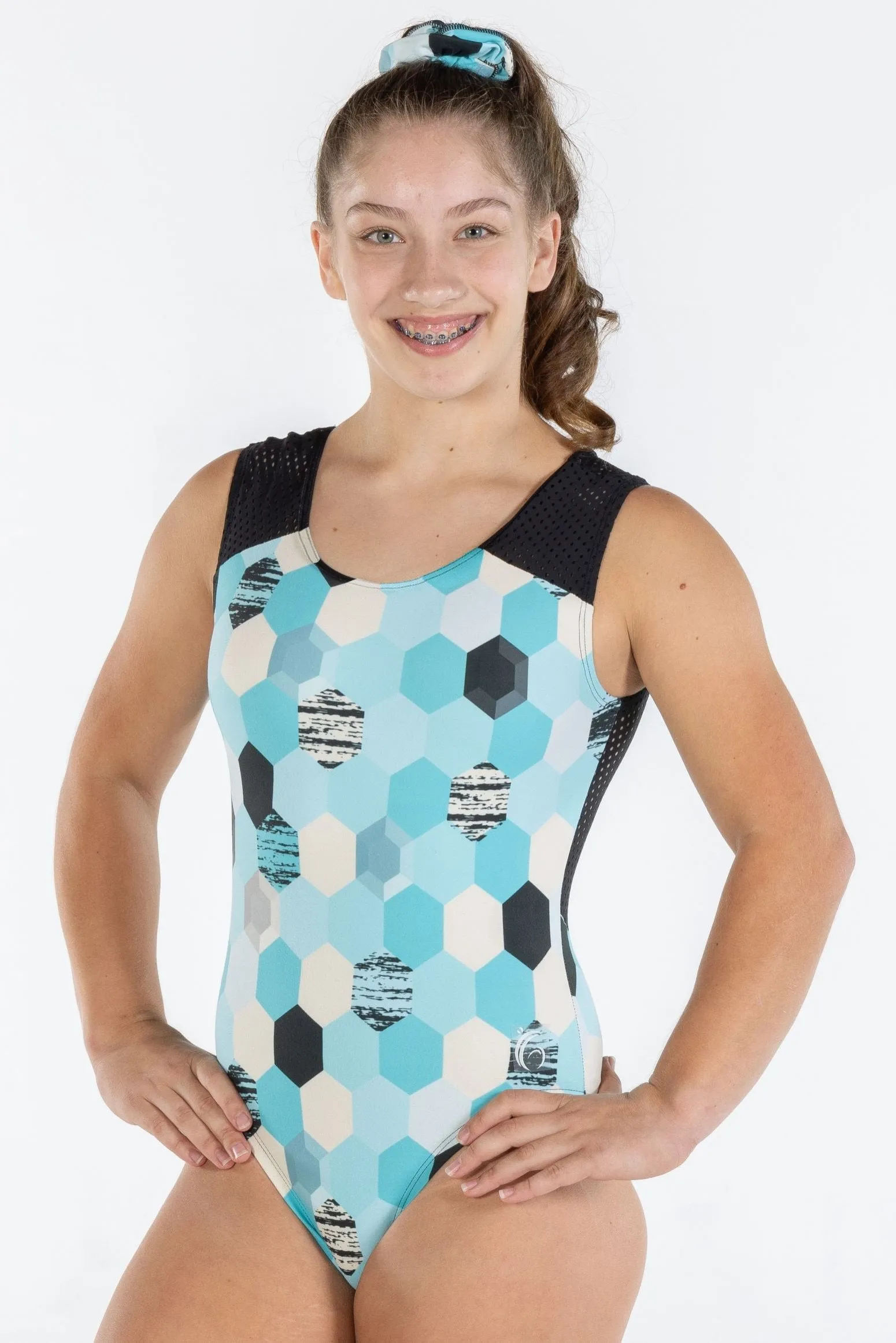 Geo Mesh Back Softy Leotard Turquoise